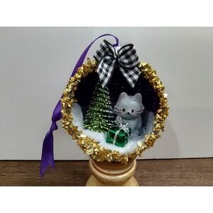 Cat Christmas Ornament Handmade Vtg Style OOAK Shatterproof Kitten Diorama O7